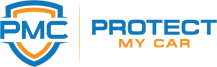 Protect My Car company logo. Blue and orange shield with PMC initials inset and company name to the right.