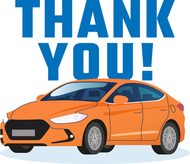 Image of a blue car with the word thank you overlaying it.